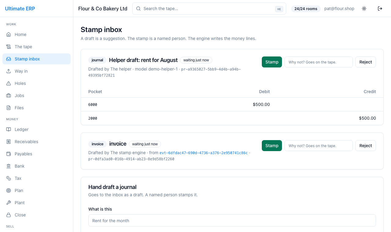 Shipping drafted the invoice. It waits in the stamp inbox for a named person.